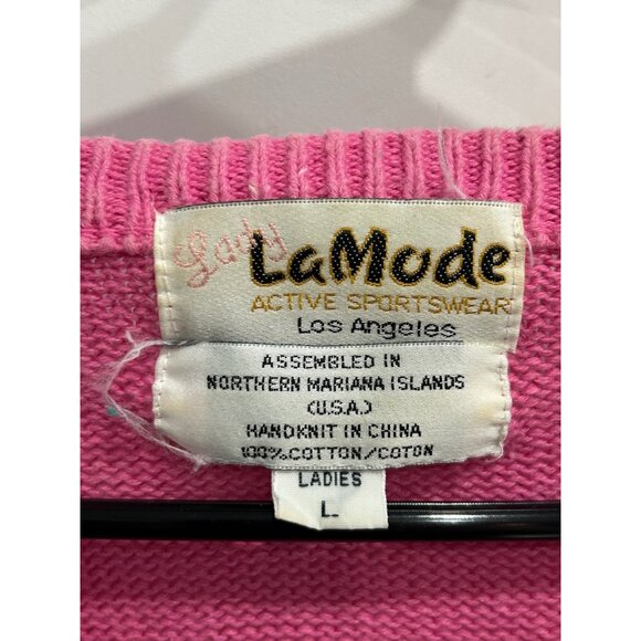 Vintage Lady LaMode Active Sportswear Pink Green White V Neck Sweater SZ Large - Picture 6 of 10